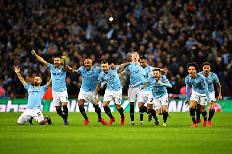 The Manchester City team celebrate after winning in the penalty shootout during the Carabao Cup Final between Chelsea and Manchester City at Wembley Stadium on February 24, 2019 in London, England. PHOTO/GettyImages