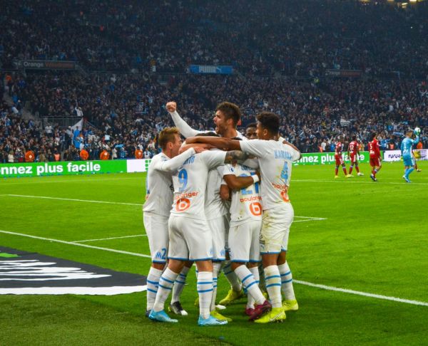 The players of Olympique de Marseille who celebrate after a goal during the match of Ligue 1 Olympique de Marseille / Olympique Lyonnais. Marseille, November 10, 2019. PHOTO | AFP