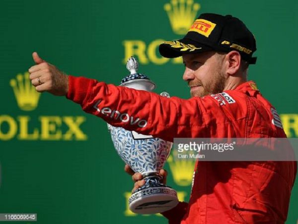 Third placed Sebastian Vettel of Germany and Ferrari celebrates on the podium during the F1 Grand Prix of Hungary at Hungaroring on August 04, 2019 in Budapest, Hungary. PHOTO/ GETTY IMAGES