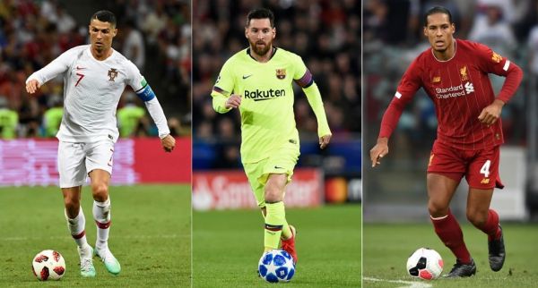 This combination of file pictures created on September 2, 2019, shows Juventus Portuguese forward Cristiano Ronaldo (L) as he controls the ball during the Russia 2018 World Cup round of 16 football match between Uruguay and Portugal at the Fisht Stadium in Sochi on June 30, 2018, Barcelona's Argentinian forward Lionel Messi (C) as he controls the ball during the UEFA Champions' League group B football match Psv against FC Barcelona at Philips stadium in Eindhoven, on November 28, 2018 and Liverpool's Dutch defender Virgil van Dijk as he controls the ball during a pre-season friendly football match between Liverpool and Lyon on July 31, 2019 in Geneva. The three footballers are final candidates for the best Men's players at the Best FIFA Football Award 2019 ceremony at the Teatro alla Scala in Milan on September 23, 2019. PHOTO | AFP