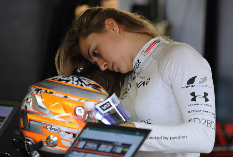 This photo taken on November 16, 2018 and provided by the South China Morning Post on November 19 shows Van Amersfoort Racing's 17-year-old Sophia Floersch in the pits at the Formula Three Macau Grand Prix in Macau. PHOTO/AFP