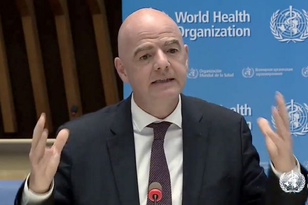 This tv grab from from World Health Organization (WHO) website shows FIFA President Gianni Infantino speaking during a virtual news briefing to launch a WHO and FIFA joint awareness campaign led by world-renowned footballers to follow five key steps to stop the spread of the COVID-19 (novel coronavirus) at the WHO headquarters in Geneva on March 23, 2020. The new coronavirus pandemic is clearly "accelerating", WHO chief warned on March 23, 2020, but stressed it was still possible to "change the trajectory" of the outbreak. PHOTO | AFP