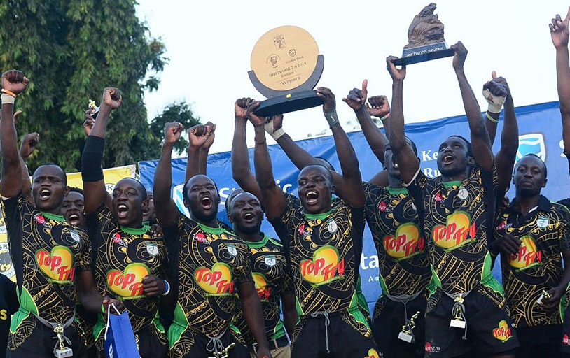 Top Fry Nakuru RFC players celebrate with the Driftwood 7s title on Sunday, August 26, 2018 at the Mombasa Sports Club after beating Mwamba RFC to lift the Main Cup during the fourth round of the Stanbic National Sevens Series. PHOTO/Courtesy