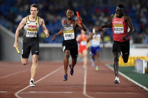 Torben Junker of Germany, Philip Osei of Canada and Aron Koech of Kenya compete during round 1 of the Mixed 4x400m Relay on day one of the IAAF World Relays at Nissan Stadium on May 11, 2019 in Yokohama, Kanagawa, Japan.PHOTO/ GETTY IMAGES