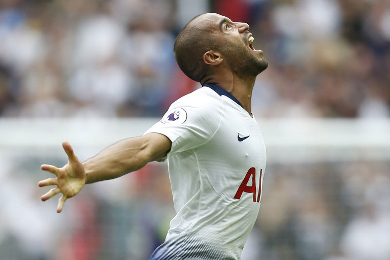 Tottenham Hotspur's Brazilian midfielder Lucas Moura celebrates after scoring the opening goal of the English Premier League football match between Tottenham Hotspur and Fulham at Wembley Stadium in London, on August 18, 2018. PHOTO/AFP