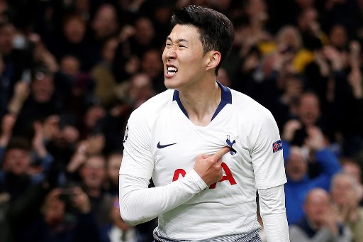 Tottenham Hotspur's South Korean striker Son Heung-Min celebrates scoring the opening goal during the UEFA Champions League quarter-final first leg football match between Tottenham Hotspur and Manchester City at the Tottenham Hotspur Stadium in north London, on April 9, 2019. PHOTO/AFP