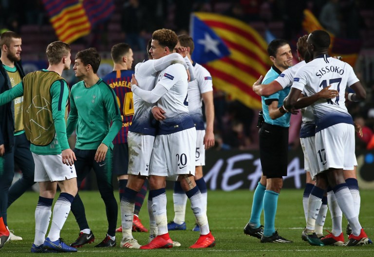 Tottenham players celebrations at the end of the match between FC Barcelona and Tottenham Hotspur FC, corresponding to the week 6 of the UEFA Champions League, played at the Camp Nou Stadium on 11th December 2018 in Barcelona, Spain.
