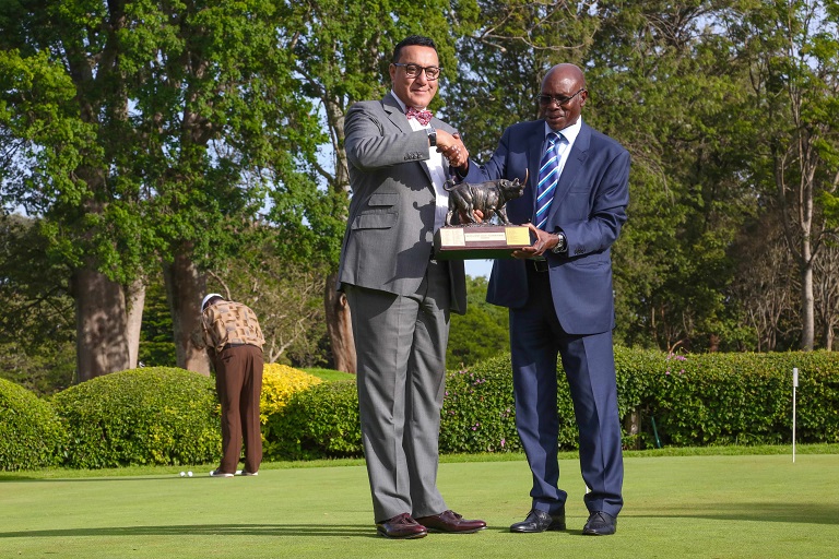 Tourism and Wildlife Cabinet Secretary, Hon. Najib Balala with KOGL Chairman, Peter Kanyago during unveiling on new Kenya Open Golf Championships sponsors in Nairobi on January 28, 2019.PHOTO/SPN