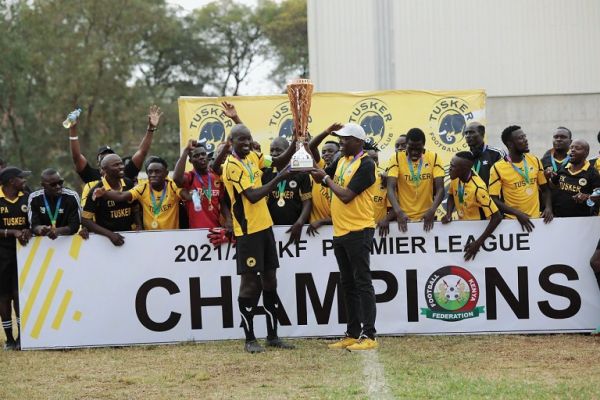 Tusker FC celebrate after being crowned Kenya Premier League champions on Sunday, June 12, 2021 at the Ruaraka Stadium. PHOTO | Tusker