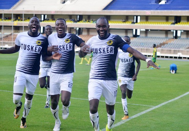 Tusker FC celebrate scoring against Kariobangi Sharks FC during their SportPesa Premier League clash at MISC Kasarani on Sunday, April 14, 2019. PHOTO/Tusker FC