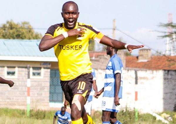 Tusker FC forward Timothy Otieno celebrates after scoring the lone goal in 1-0 win against AFC Leopards SC on Sunday, February 9, 2020. PHOTO | Futaa