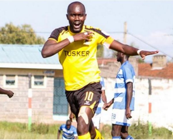 Tusker FC forward Timothy Otieno celebrates after scoring the lone goal in 1-0 win against AFC Leopards SC on Sunday, February 9, 2020. PHOTO | Futaa