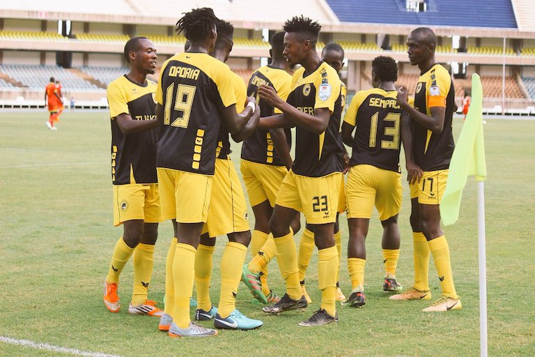 Tusker FC players celebrate scoring against Mt. Kenya United FC in their SPL clash at the Moi International Sports Centre, Kasarani on Sunday, December 23, 2018. PHOTO/Courtesy/Tusker FC