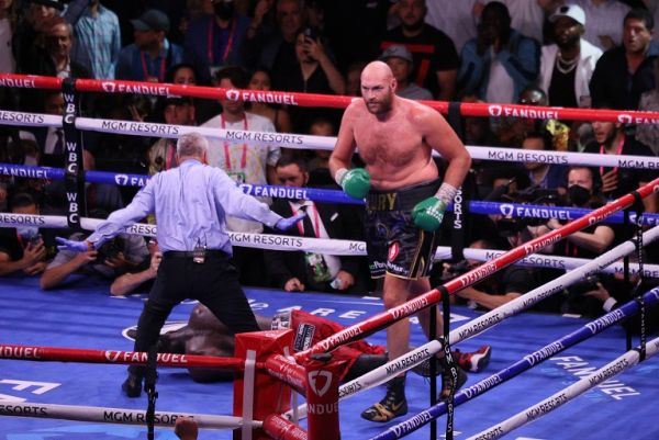 Tyson Fury celebrates in the ring after knocking out Deontay Wilder in the 11th round of the Tyson Fury vs Deontay Wilder III 12-round Heavyweight boxing match, at the T-Mobile Arena in Las Vegas, Nevada on Saturday, October 9th, 2021. PHOTO | Alamy