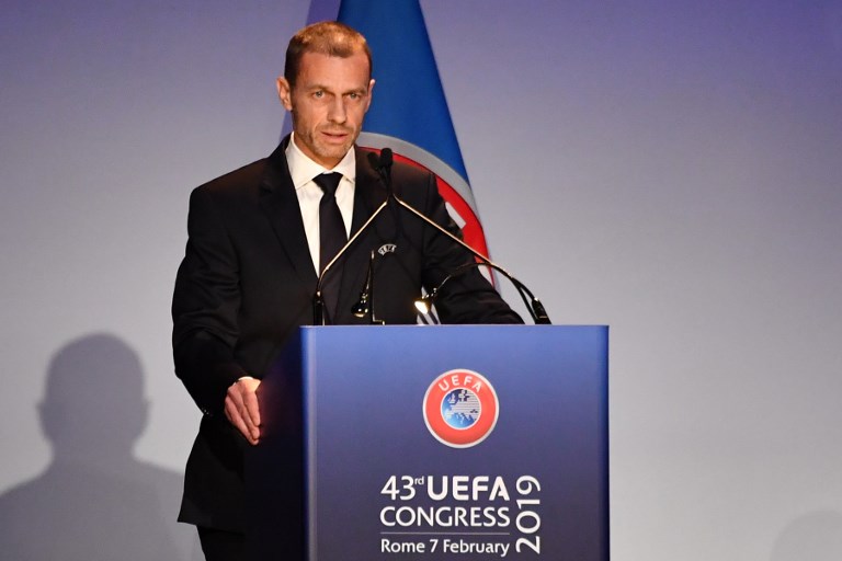 UEFA President Aleksander Ceferin delivers a speech during the 43rd Ordinary UEFA Congress on February 7, 2019 in Rome. PHOTO/AFP