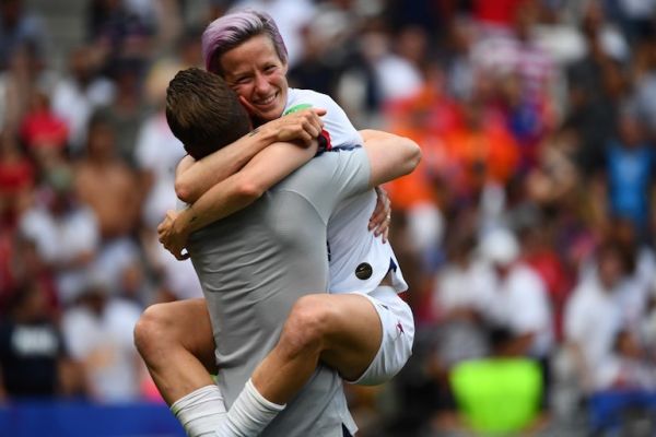 United States' forward Megan Rapinoe celebrates after the final whistle during the France 2019 Women’s World Cup football final match between USA and the Netherlands, on July 7, 2019, at the Lyon Stadium in Lyon, central-eastern France. PHOTO/AFP