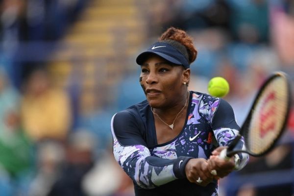 US player Serena Williams returns the ball to Spain's Sara Sorribes Tormo and Czech Republic's Marie Bouzkova during her round of 8 women's doubles tennis match, that she plays with Tunisia's Ons Jabeur, on day three, of the Eastbourne International tennis tournament in Eastbourne, southern England on June 21, 2022. PHOTO | AFP