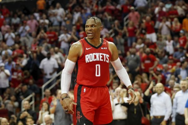 ussell Westbrook #0 of the Houston Rockets reacts after a dunk in the second half against the Milwaukee Bucks at Toyota Center on October 24, 2019 in Houston, Texas. PHOTO | AFP