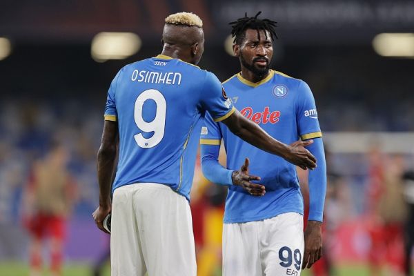 Victor Osimhen of SSC Napoli and Andre Zambo Anguissa during the Europa league group C 2021/2022 football match between SSC Napoli and FC Spartak Moskva at Diego Armando Maradona stadium in Napoli. PHOTO | AFP