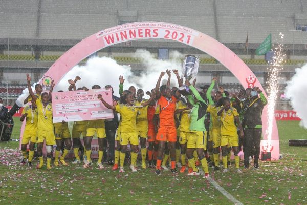 Vihiga Queens celebrate after a 2-1 victory against CBE of Ethiopia at the Kasarani Stadium in Nairobi on Thursday, September 8, 2021. PHOTO | Courtesy