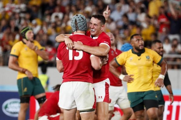 Wales' players celebrate after winning the Japan 2019 Rugby World Cup Pool D match between Australia and Wales at the Tokyo Stadium in Tokyo on September 29, 2019. PHOTO | AFP