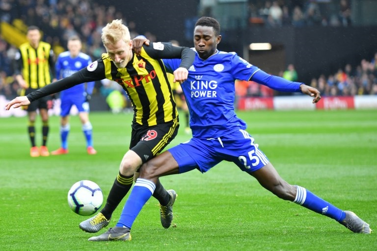 Watford's English midfielder Will Hughes (L) vies with Leicester City's Nigerian midfielder Wilfred Ndidi (R) during the English Premier League football match between Watford and Leicester City at Vicarage Road Stadium in Watford, north of London on March 3, 2019. PHOTO/ AFP