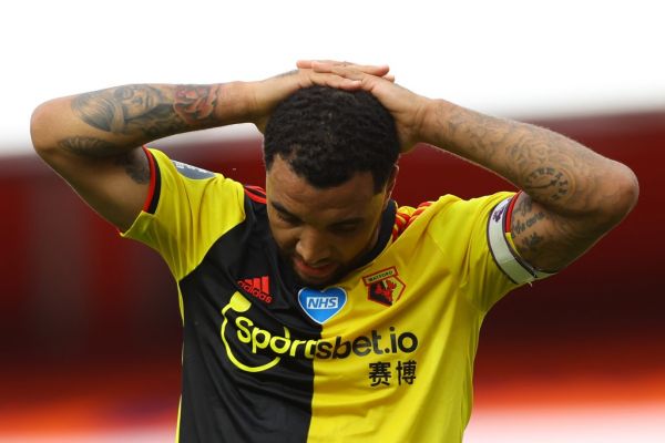 Watford's English striker Troy Deeney reacts during the English Premier League football match between Arsenal and Watford at the Emirates Stadium in London on July 26, 2020. PHOTO | AFP
