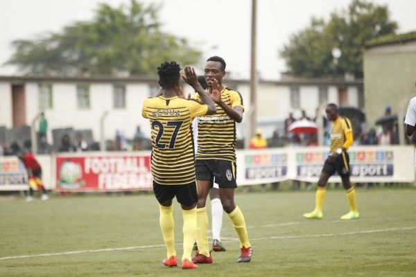 Wazito FC players celebrate scoring against St. Joseph's Youth FC in their FKF National Super League clash at Camp Toyoyo grounds in Nairobi on Sunday, June 9, 2019. PHOTO/Courtesy/Wazito FC