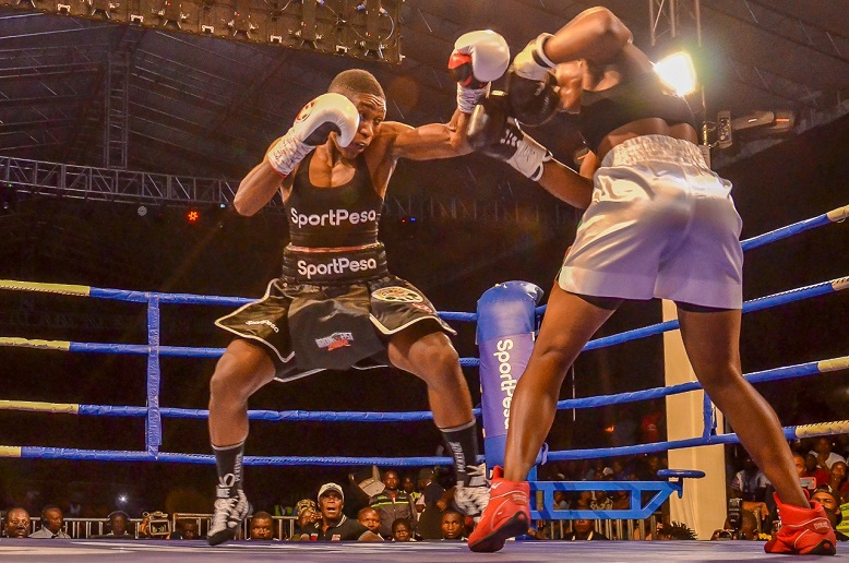 WBC women Super Bantamweight champion, Fatuma Zarika (right) in action against Catherine Phiri in the Nairobi Fight Night 2 main event at KICC. PHOTO/SPN