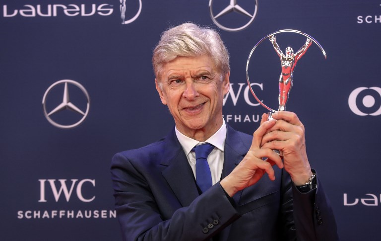 Winner of the Laureus Lifetime Achievement award, former Arsenal football team manager Arsene Wenger poses after receiving his award during the 2019 Laureus World Sports Awards ceremony at the Sporting Monte-Carlo complex in Monaco on February 18, 2019. PHOTO/AFP