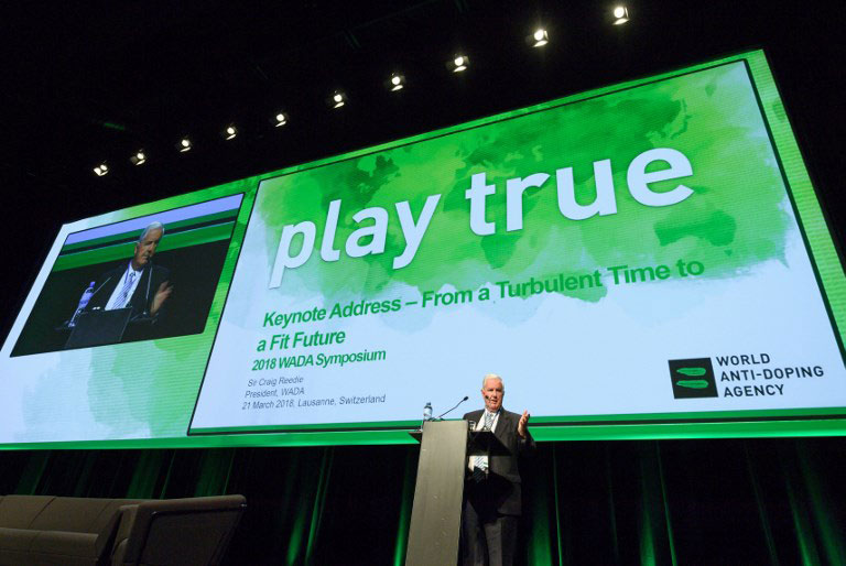 World Anti-Doping Agency (WADA) President, Craig Reedie, addresses the assembly at the opening of the 2018 edition of the WADA Annual Symposium in Lausanne. PHOTO/AFP