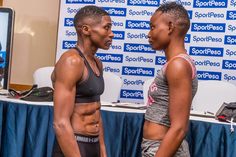 World Boxing Council Women Super Bantamweight champion Fatuma ‘ Iron Fist’ Zarika (Left) and former title holder Catherine Phiri of Zambia during weighing in for the title fights in Nairobi on March 22, 2019. PHOTO/ SPN