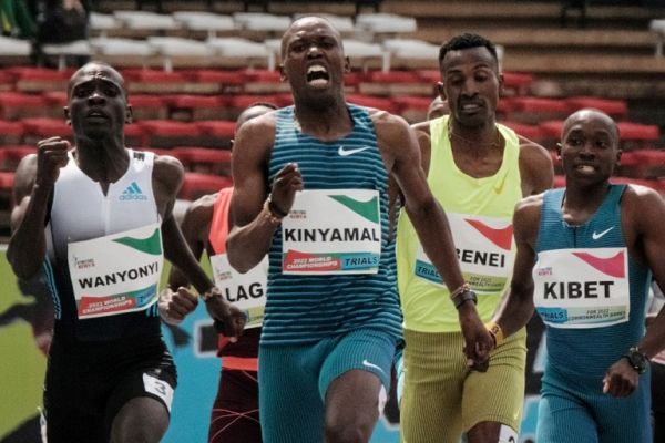 Wycliffe Kinyamal (C) wins the men's 1500m final by the second fastest time of this year, in the second fastest time in the world, 1:43.54, during the national trials for the World Championships and the Commonwealth Games at the Kasarani stadium in Nairobi, Kenya, on January 25, 2022. PHOTO | AFP