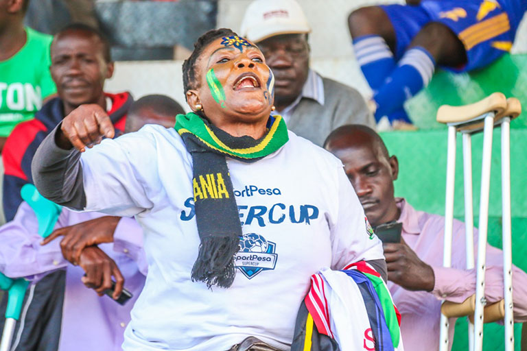 Yanga SC super fan Bahati M. Kilinga in full voice at the 2018 SportPesa Cup at Afraha Stadium, Nakuru. PHOTO/SPN