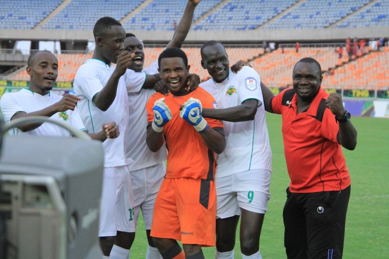 YES WE CAN: Jubilant Kariobangi Sharks FC players celebrate following their shootout victory over Mbao FC in the second 2019 SportPesa Cup semi final at the National Main Stadium in Dar-es-Salaam, Tanzania on January 25, 2019. PHOTO/SPN