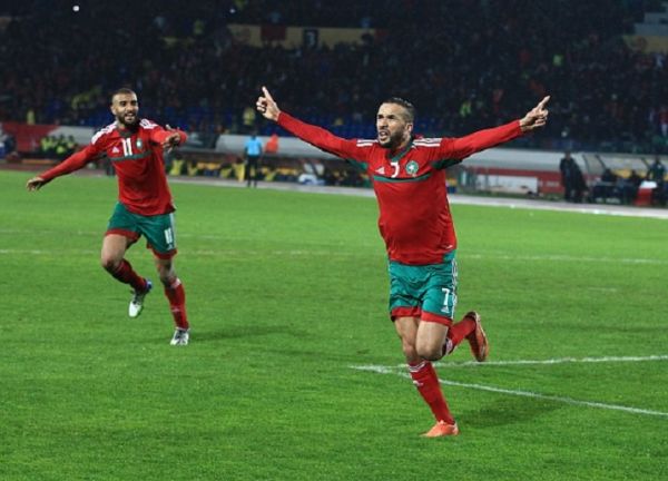 Zakaria Hadraf (R) of Morocco celebrates after scoring during the 2018 African Nations Championship (CHAN) final between Morocco and Nigeria at Stade Mohamed V in Casablanca, Morocco on February 4, 2018. PHOTO/ GETTY IMAGES